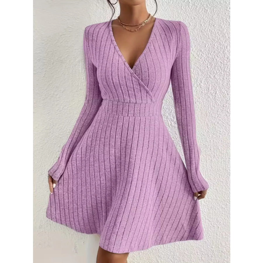 Ribbed Knit Wrap Mini Dress Lavender / S Apparel and Accessories