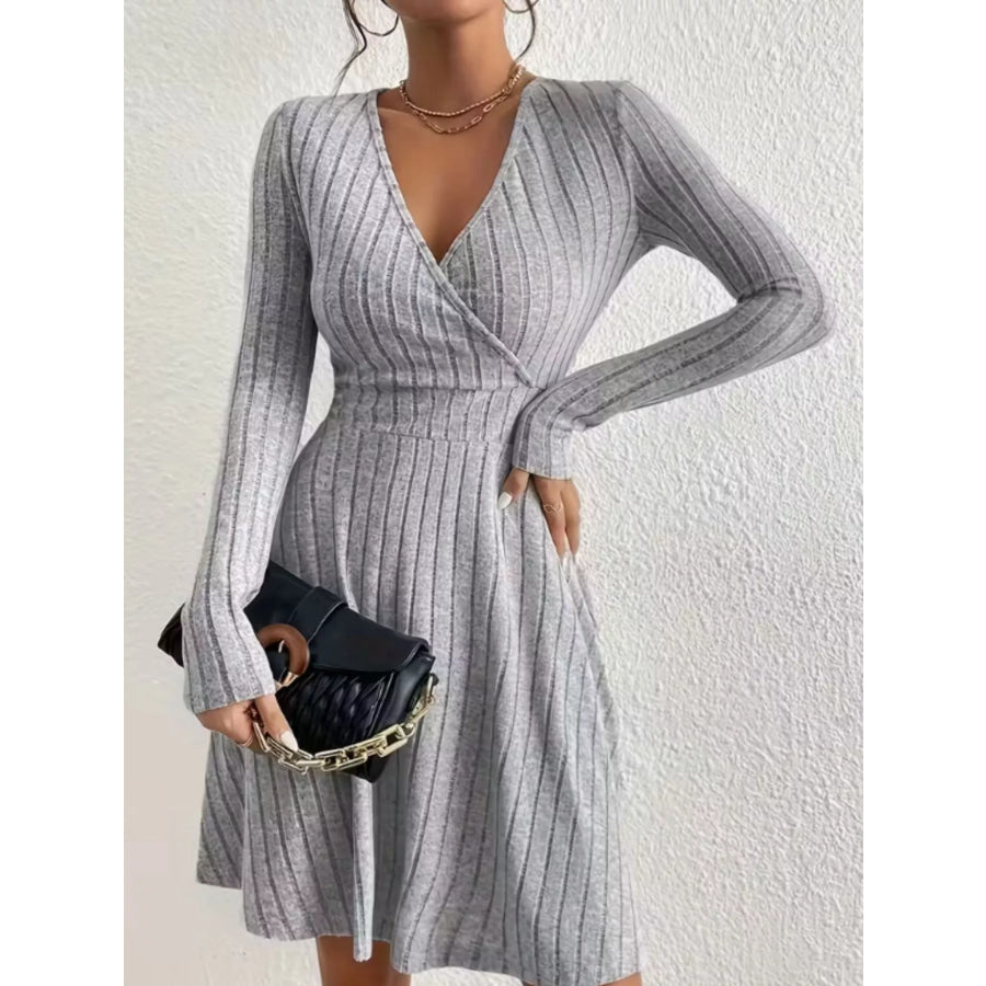 Ribbed Knit Wrap Mini Dress Light Gray / S Apparel and Accessories