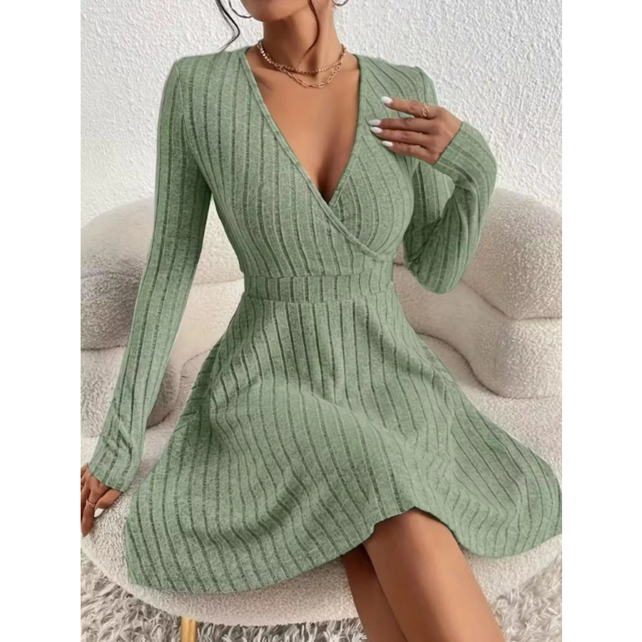 Ribbed Knit Wrap Mini Dress Sage / S Apparel and Accessories