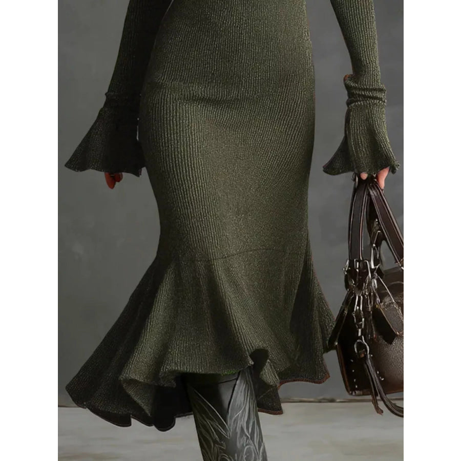Ribbed Knit Zip Front Flare Hem Midi Dress Apparel and Accessories