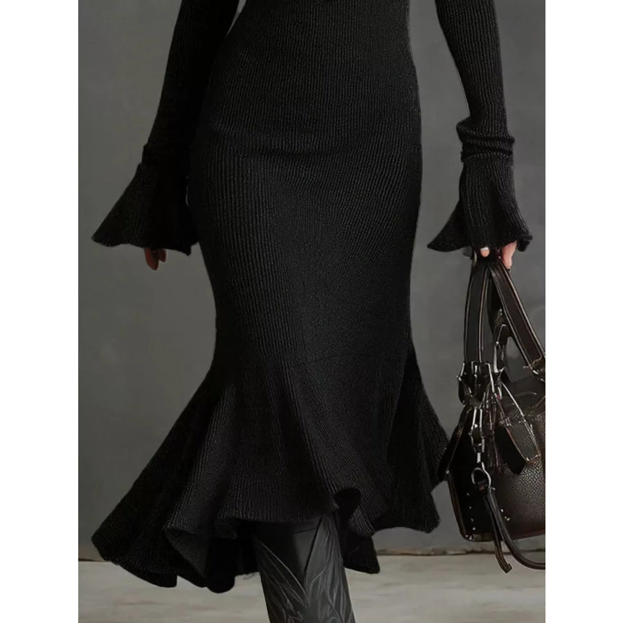 Ribbed Knit Zip Front Flare Hem Midi Dress Apparel and Accessories