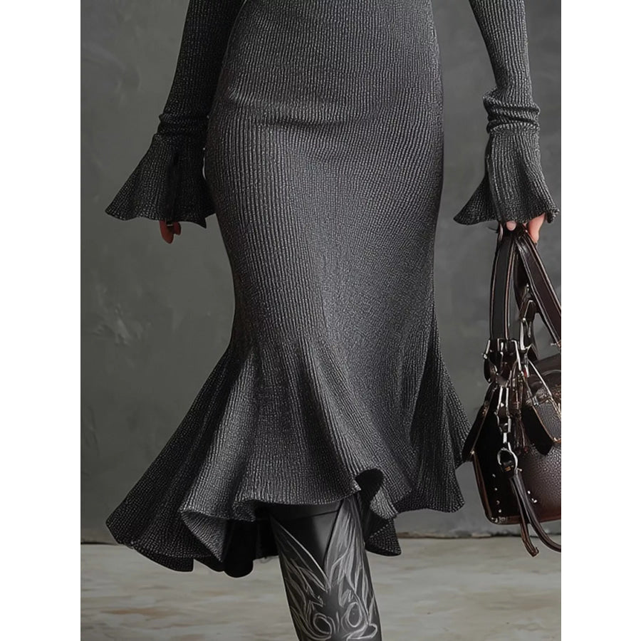 Ribbed Knit Zip Front Flare Hem Midi Dress Apparel and Accessories