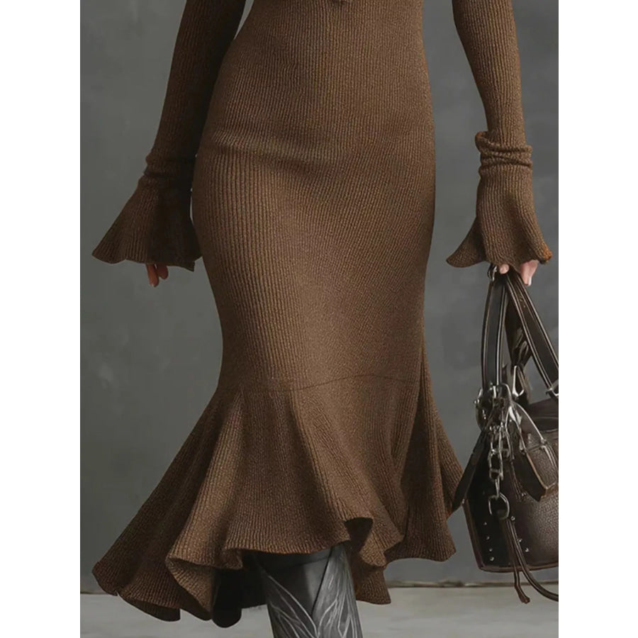 Ribbed Knit Zip Front Flare Hem Midi Dress Apparel and Accessories