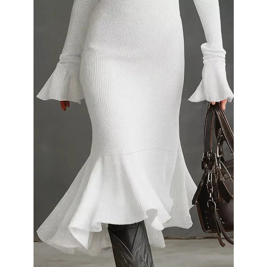 Ribbed Knit Zip Front Flare Hem Midi Dress Apparel and Accessories