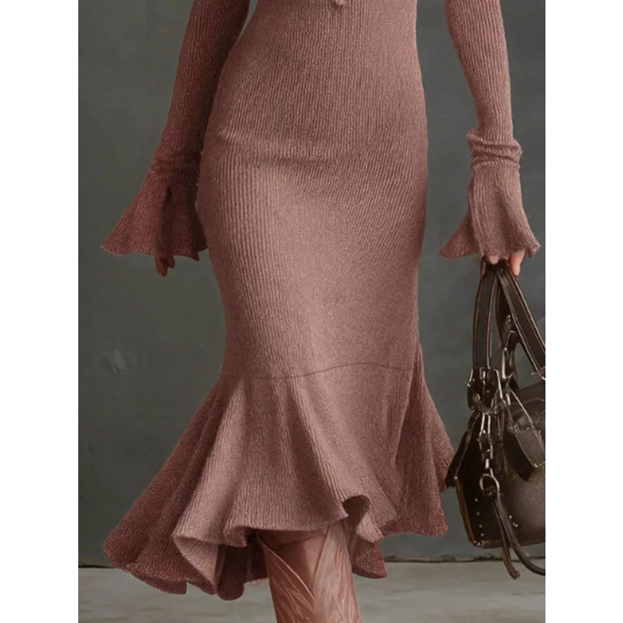 Ribbed Knit Zip Front Flare Hem Midi Dress Apparel and Accessories