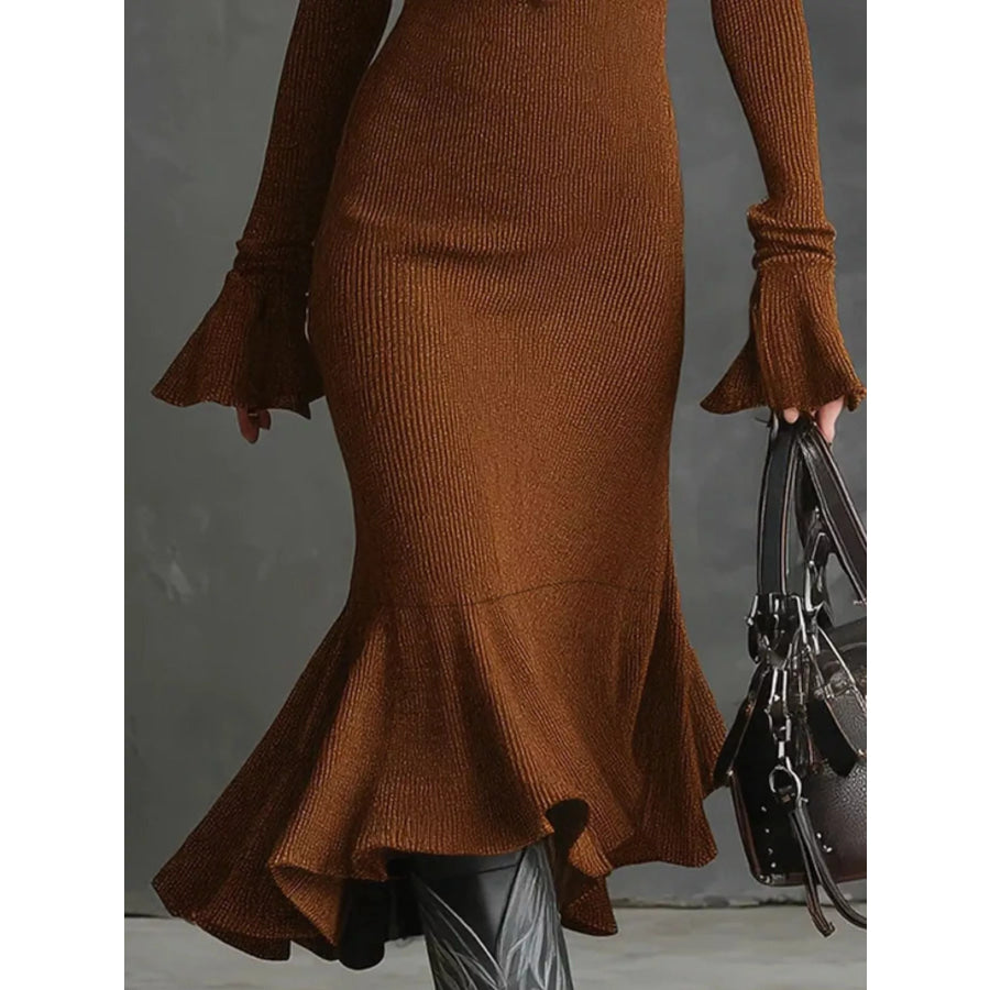 Ribbed Knit Zip Front Flare Hem Midi Dress Apparel and Accessories