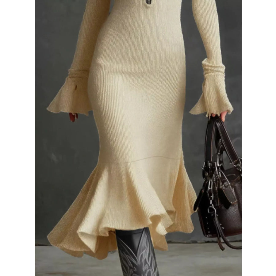 Ribbed Knit Zip Front Flare Hem Midi Dress Apparel and Accessories