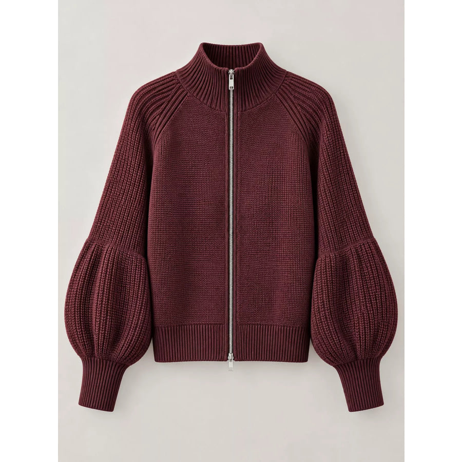 Ribbed Knit Zip-Up Cardigan with Lantern Sleeves Apparel and Accessories