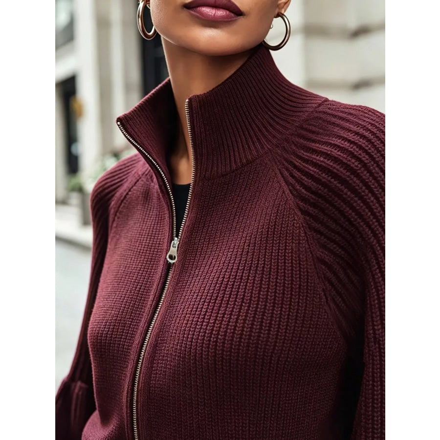 Ribbed Knit Zip-Up Cardigan with Lantern Sleeves Apparel and Accessories