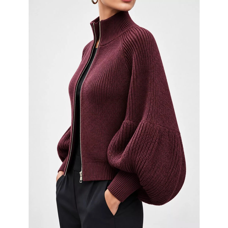 Ribbed Knit Zip-Up Cardigan with Lantern Sleeves Apparel and Accessories