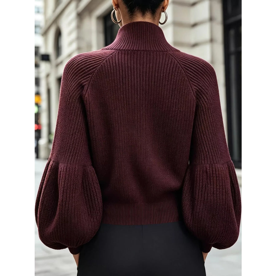 Ribbed Knit Zip-Up Cardigan with Lantern Sleeves Apparel and Accessories