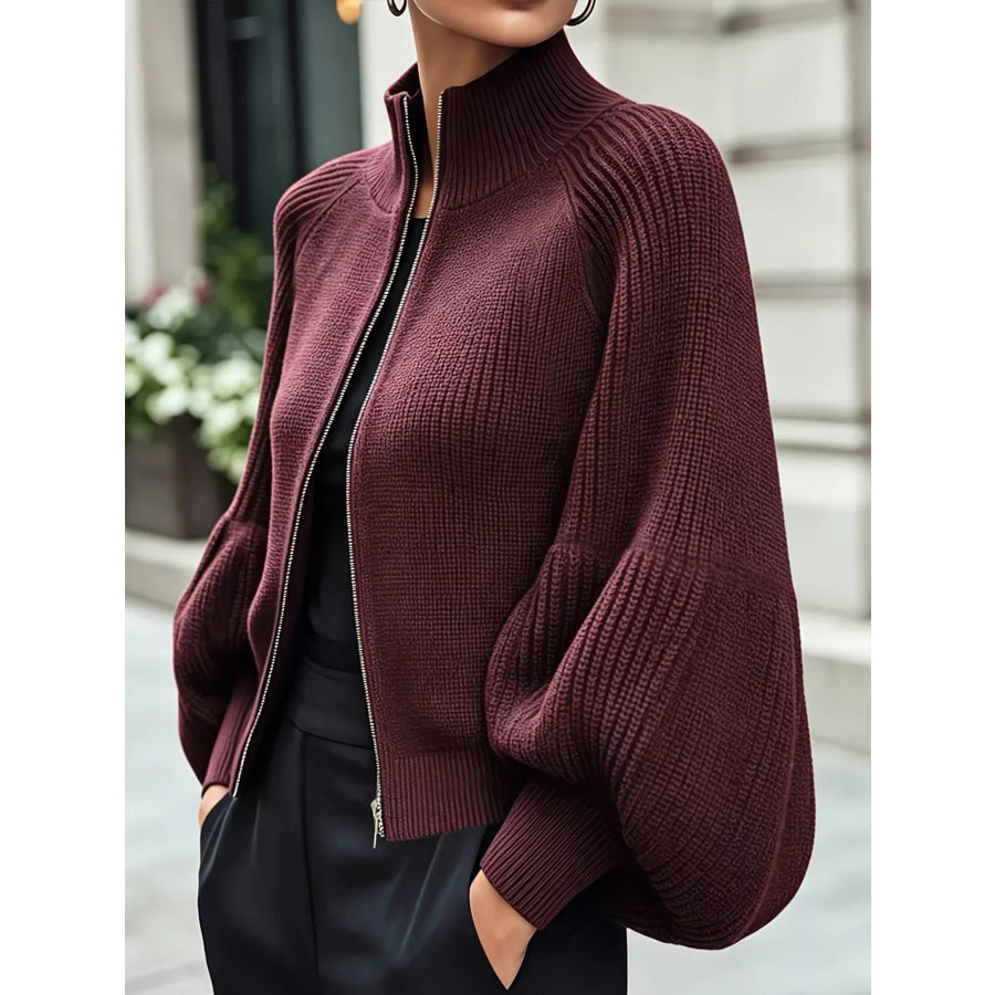 Ribbed Knit Zip-Up Cardigan with Lantern Sleeves Dark Burgundy / S Apparel and Accessories