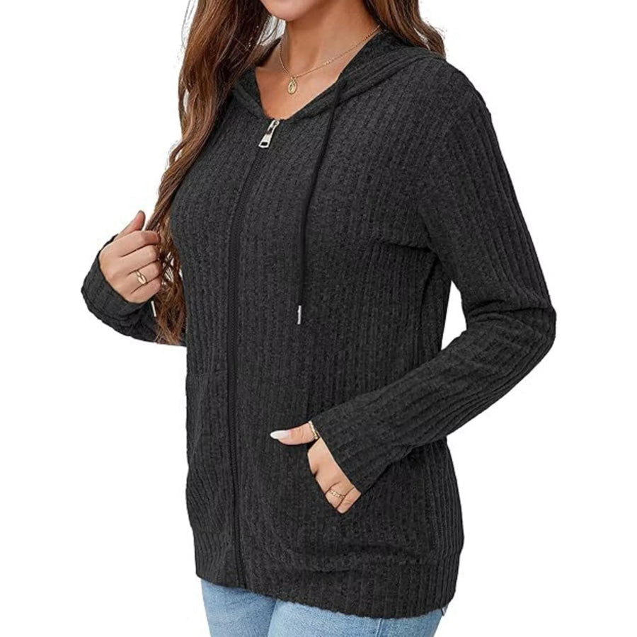 Ribbed Knit Zip-Up Hooded Cardigan Apparel and Accessories