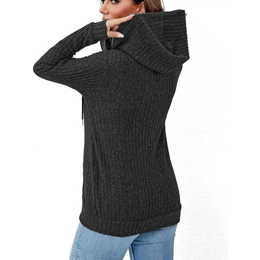 Ribbed Knit Zip-Up Hooded Cardigan Apparel and Accessories