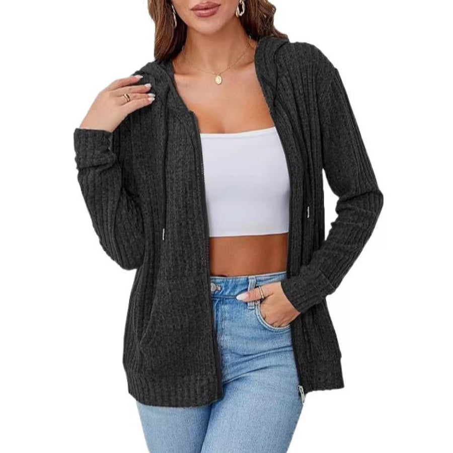 Ribbed Knit Zip-Up Hooded Cardigan Apparel and Accessories