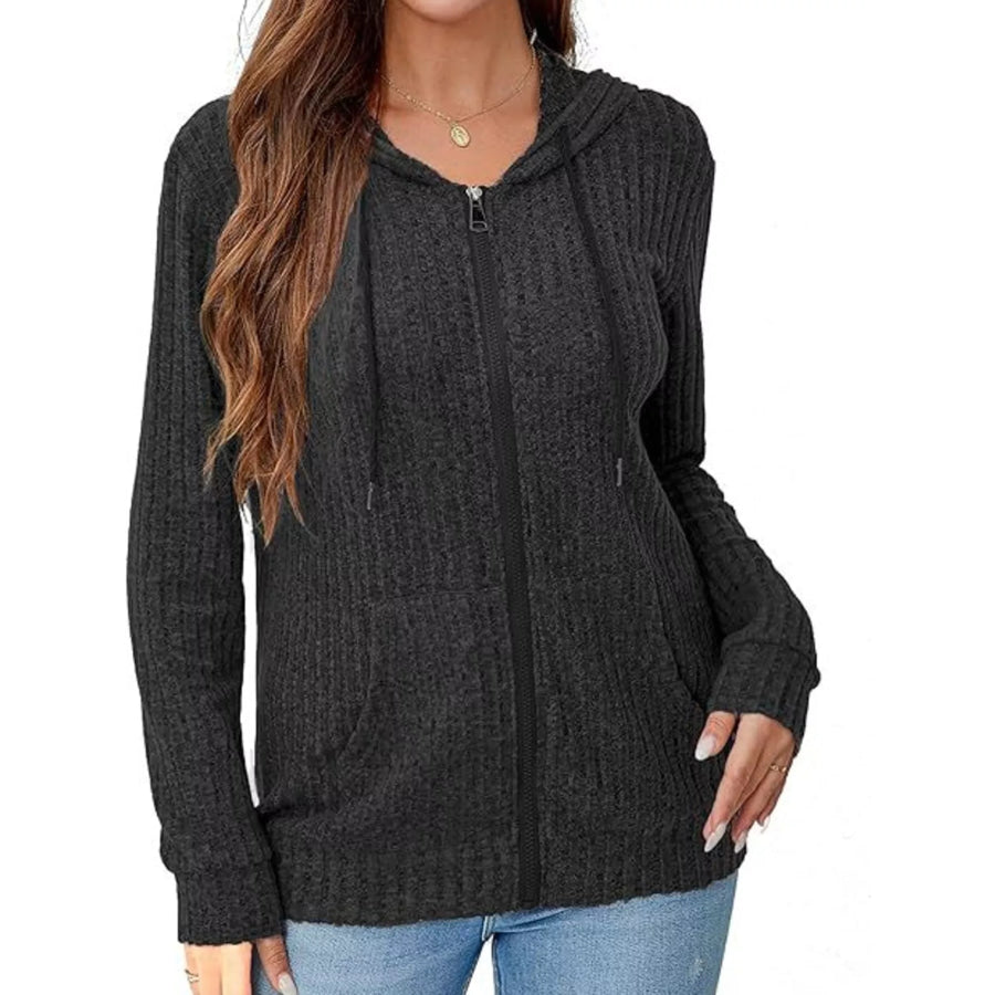 Ribbed Knit Zip-Up Hooded Cardigan Black / S Apparel and Accessories
