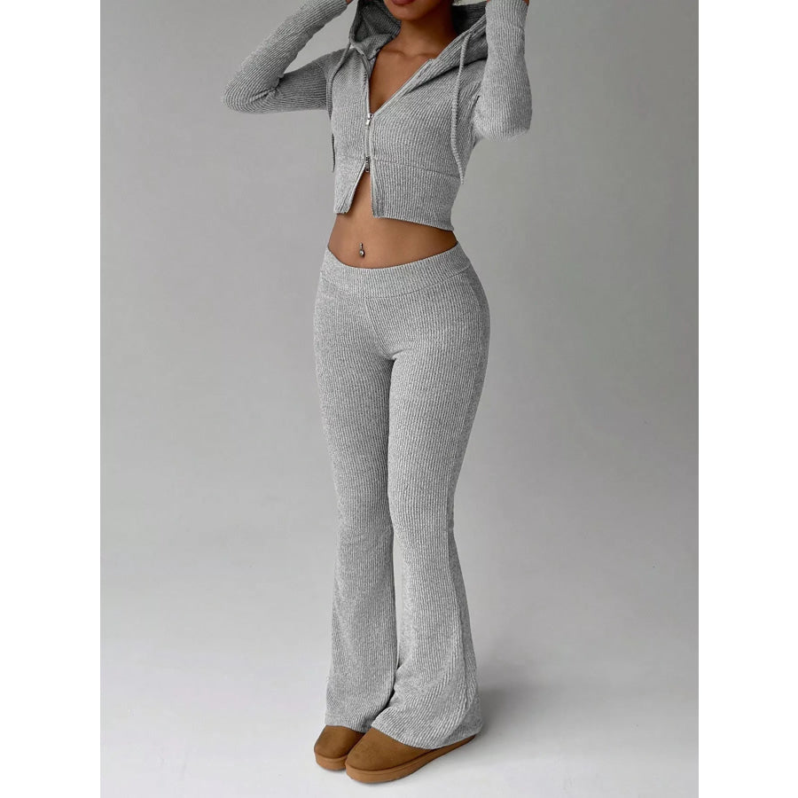 Ribbed Knit Zip-Up Hooded Top and Flared Pants Set Apparel Accessories