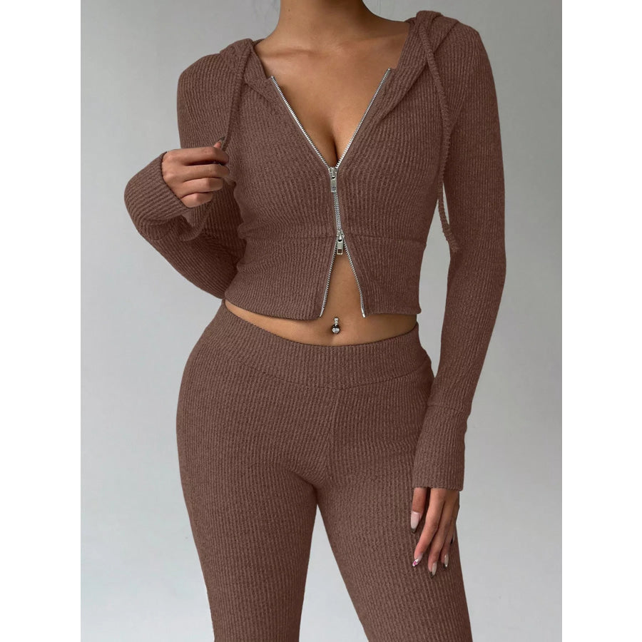Ribbed Knit Zip-Up Hooded Top and Flared Pants Set Apparel Accessories
