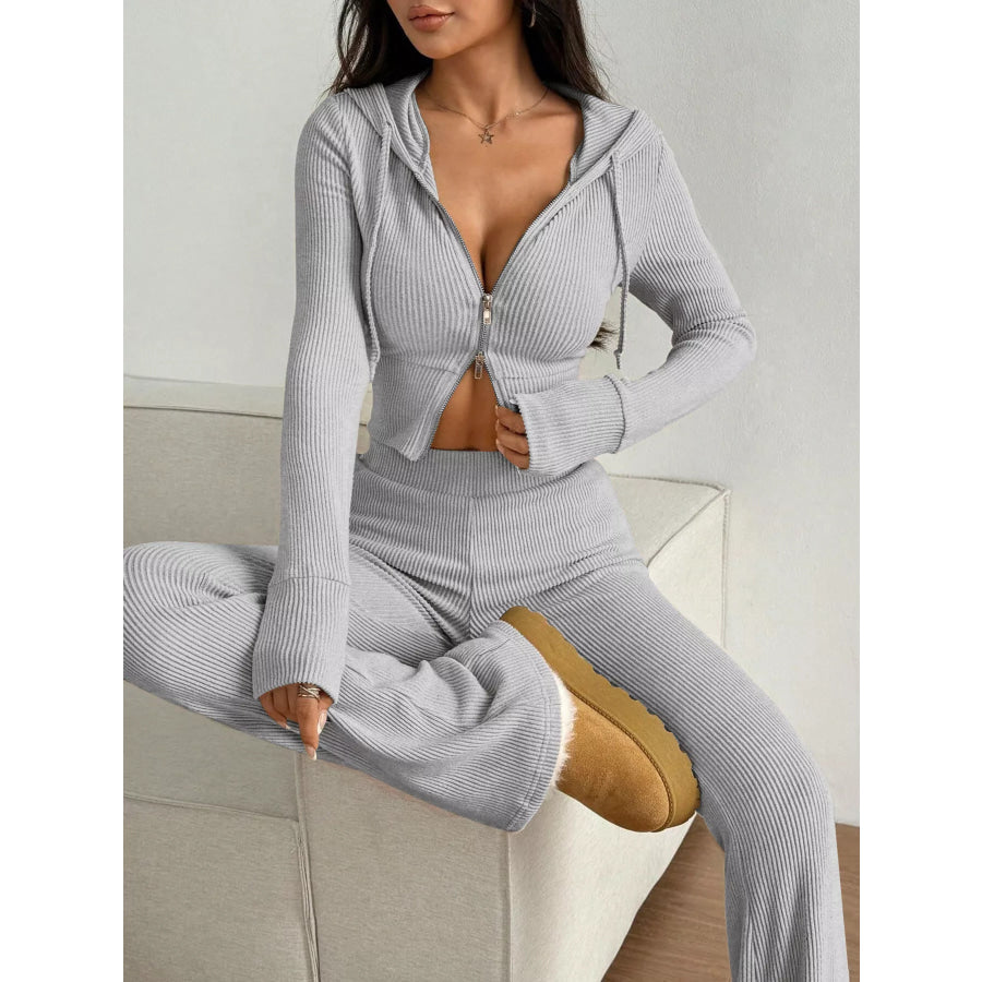 Ribbed Knit Zip-Up Hooded Top and Flared Pants Set Apparel Accessories