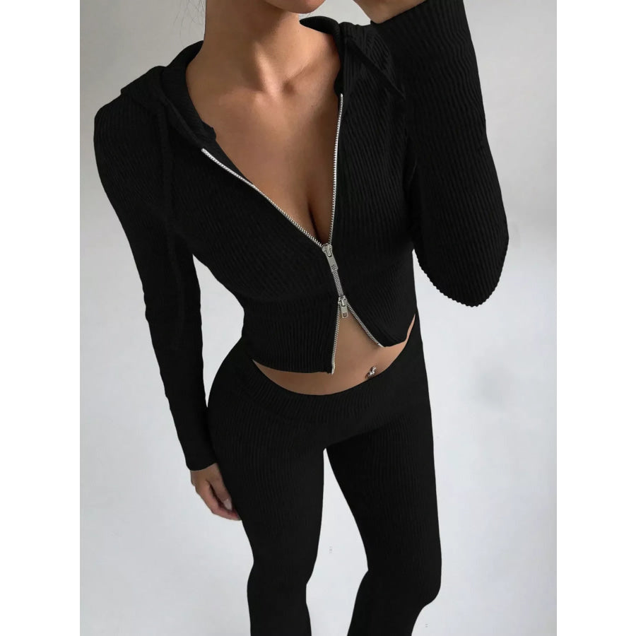 Ribbed Knit Zip-Up Hooded Top and Flared Pants Set Apparel Accessories