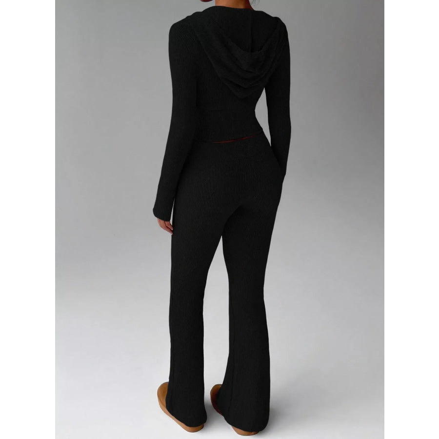 Ribbed Knit Zip-Up Hooded Top and Flared Pants Set Apparel Accessories
