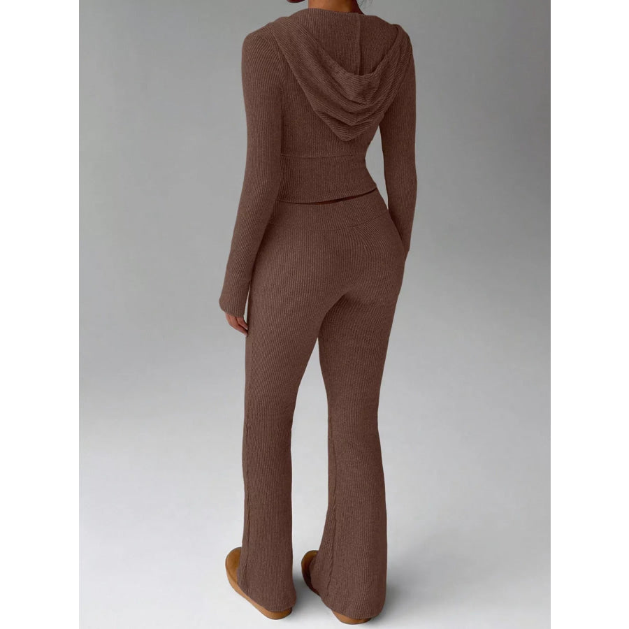 Ribbed Knit Zip-Up Hooded Top and Flared Pants Set Apparel Accessories