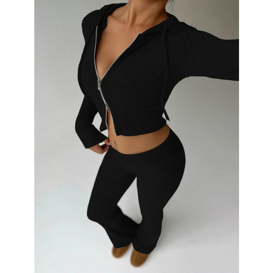 Ribbed Knit Zip-Up Hooded Top and Flared Pants Set Apparel Accessories