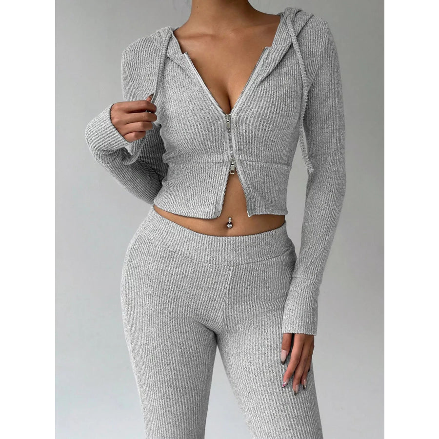 Ribbed Knit Zip-Up Hooded Top and Flared Pants Set Apparel Accessories
