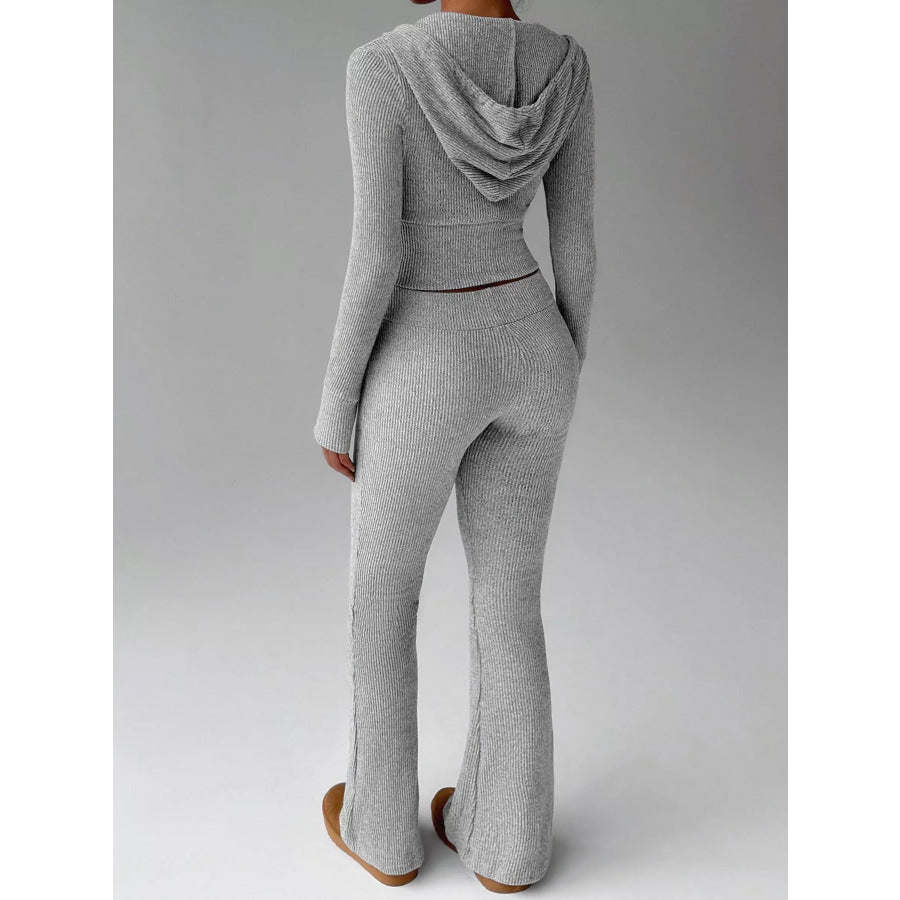 Ribbed Knit Zip-Up Hooded Top and Flared Pants Set Apparel Accessories