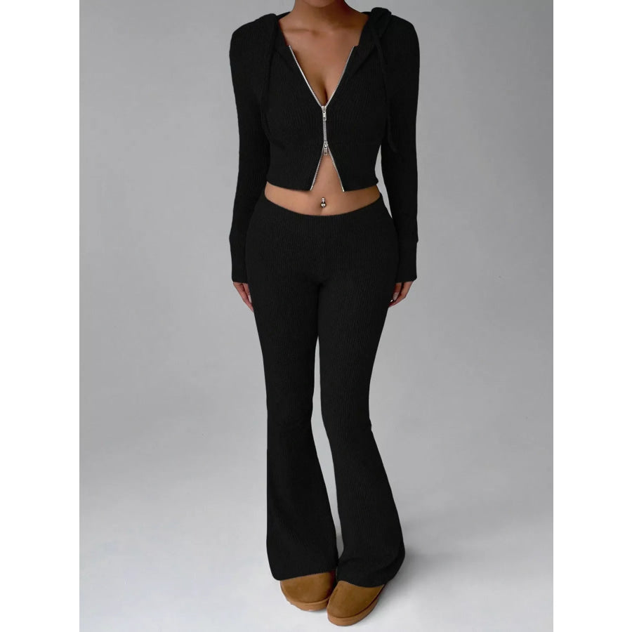 Ribbed Knit Zip-Up Hooded Top and Flared Pants Set Black / S Apparel Accessories