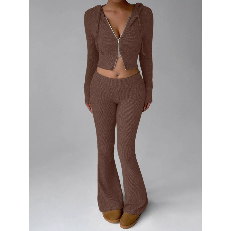 Ribbed Knit Zip-Up Hooded Top and Flared Pants Set Brown / S Apparel Accessories
