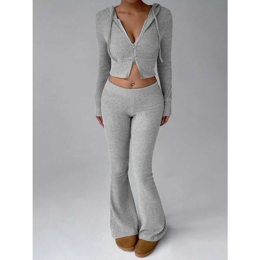 Ribbed Knit Zip-Up Hooded Top and Flared Pants Set Light Gray / S Apparel Accessories