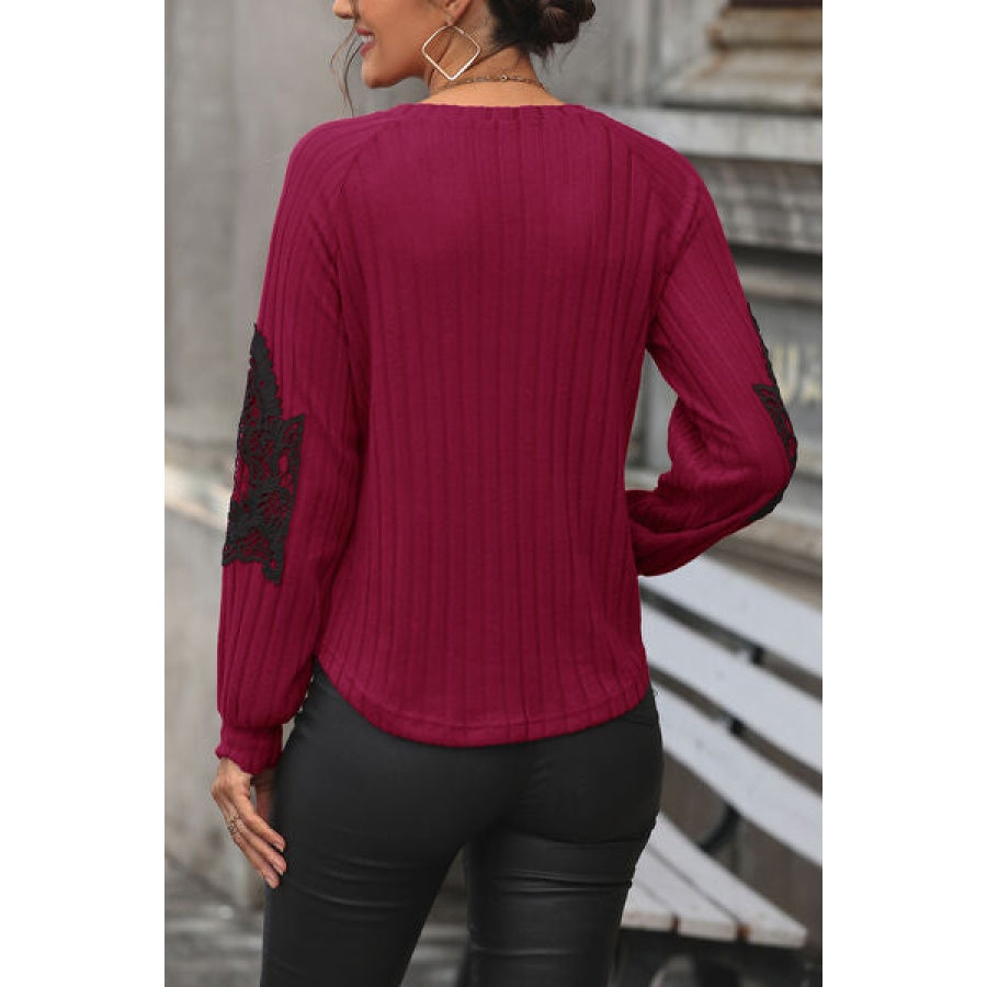 Ribbed Lace Detail V-Neck Sweater Deep Red / S Clothing