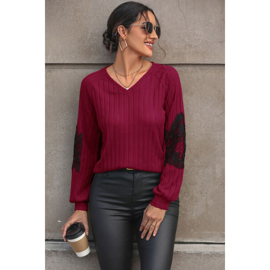 Ribbed Lace Detail V-Neck Sweater Clothing