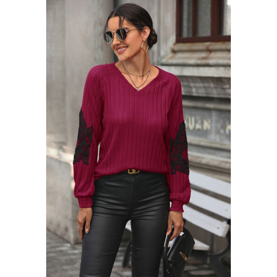 Ribbed Lace Detail V-Neck Sweater Clothing