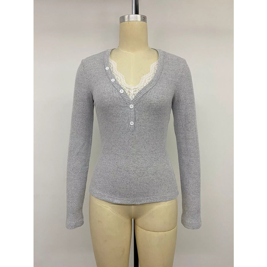 Ribbed Lace Trim Henley T-Shirt Apparel and Accessories