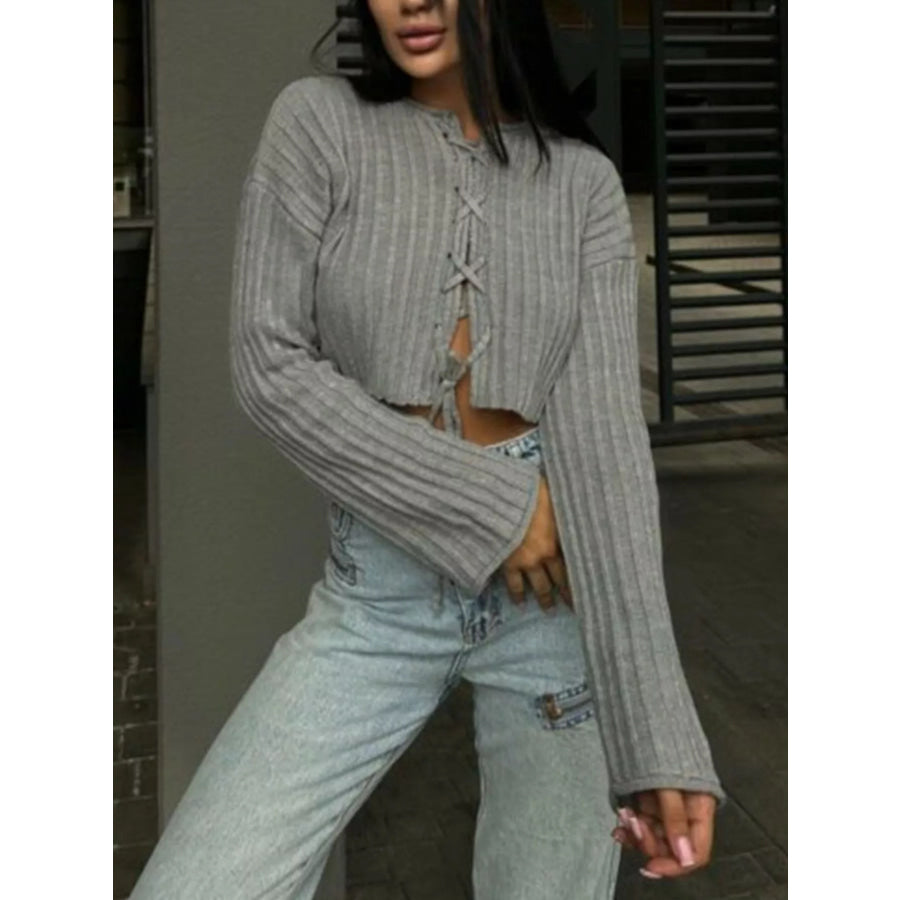 Ribbed Lace-Up Crop Sweater Apparel and Accessories