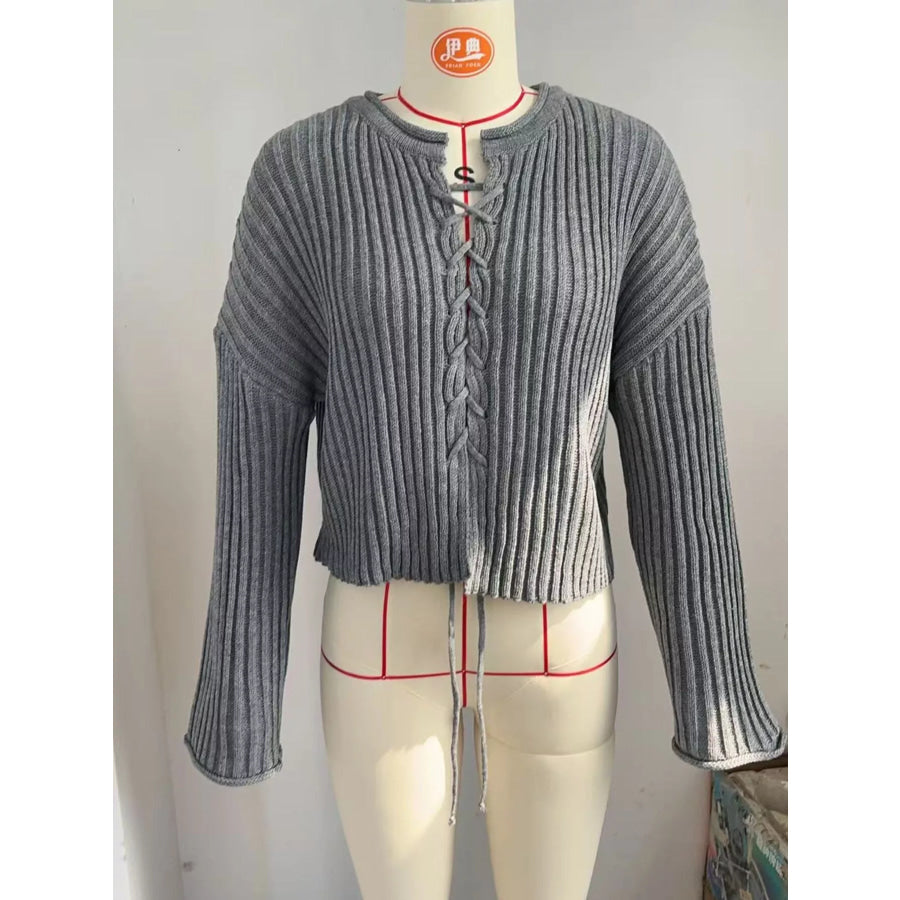Ribbed Lace-Up Crop Sweater Apparel and Accessories