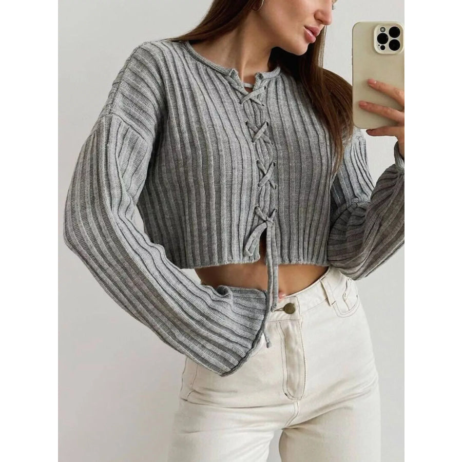 Ribbed Lace-Up Crop Sweater Apparel and Accessories
