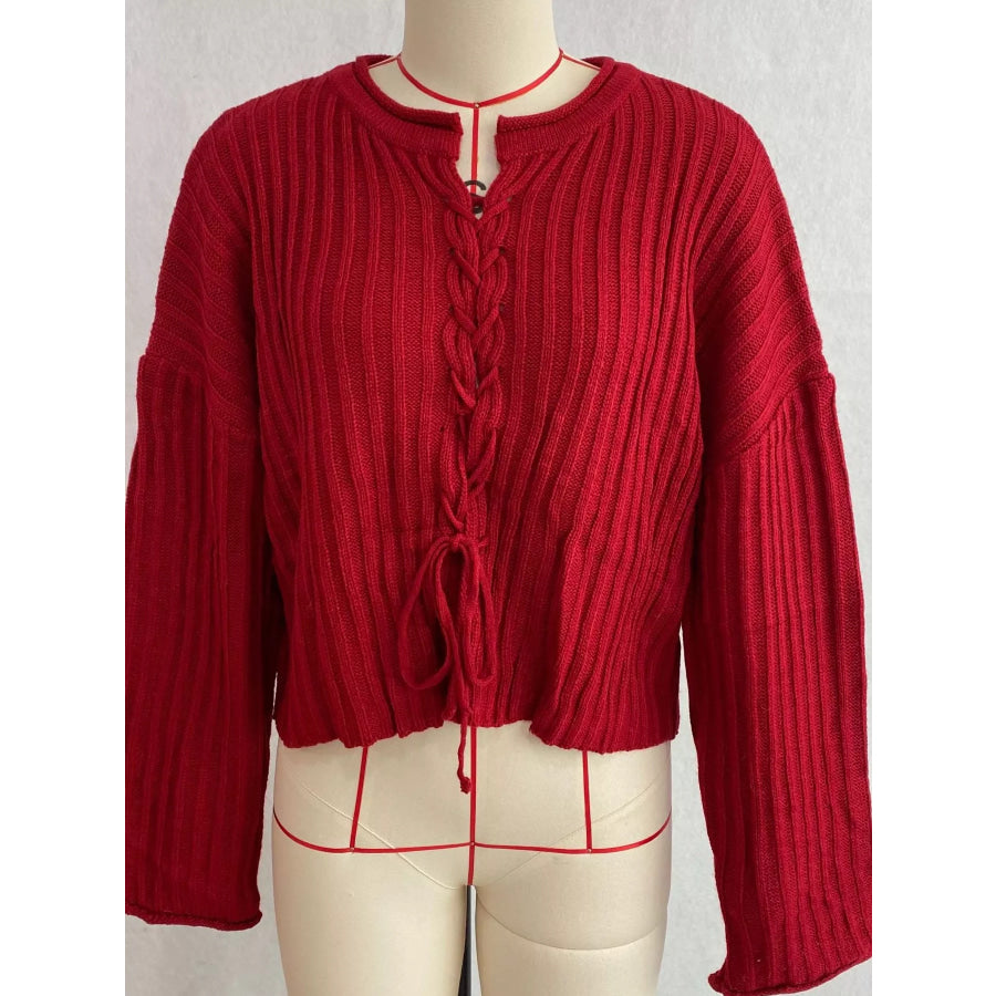 Ribbed Lace-Up Crop Sweater Apparel and Accessories