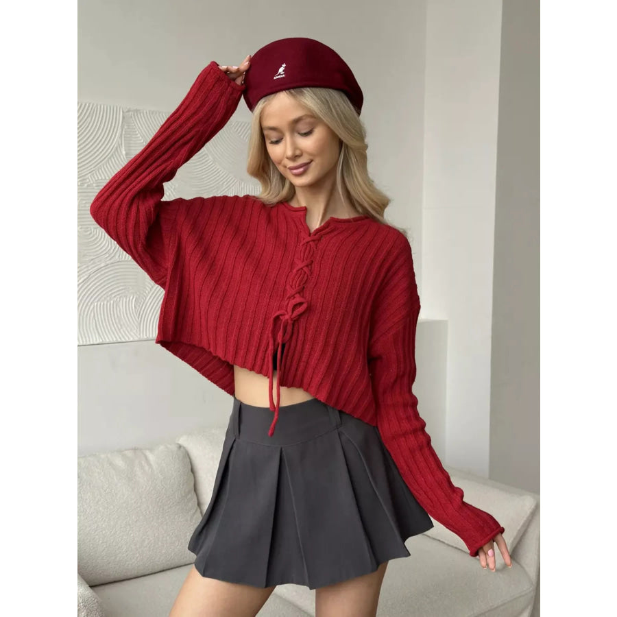 Ribbed Lace-Up Crop Sweater Apparel and Accessories