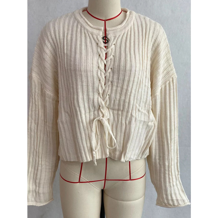 Ribbed Lace-Up Crop Sweater Apparel and Accessories
