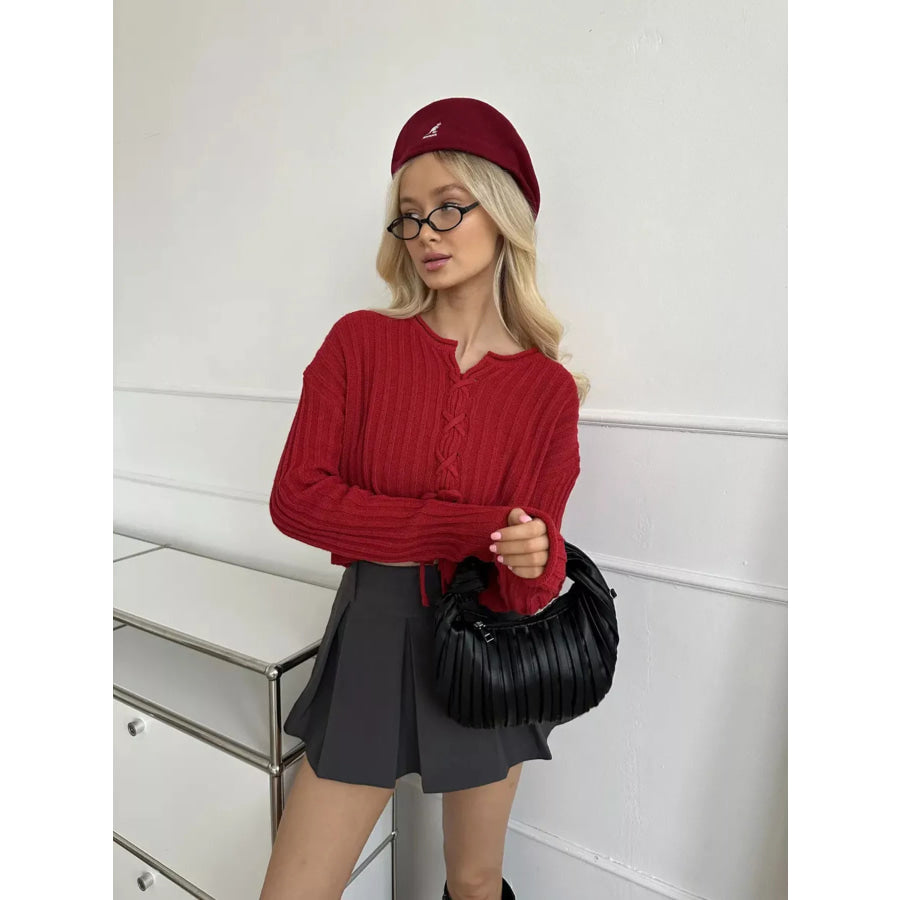 Ribbed Lace-Up Crop Sweater Apparel and Accessories