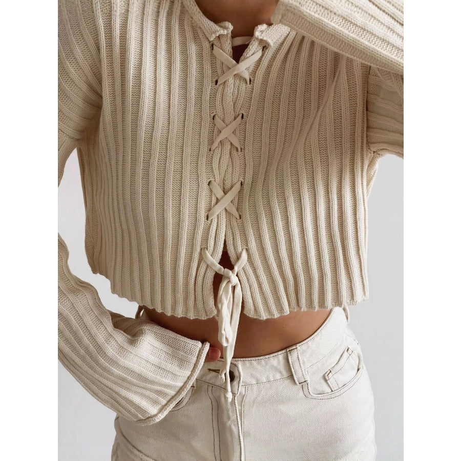 Ribbed Lace-Up Crop Sweater Apparel and Accessories