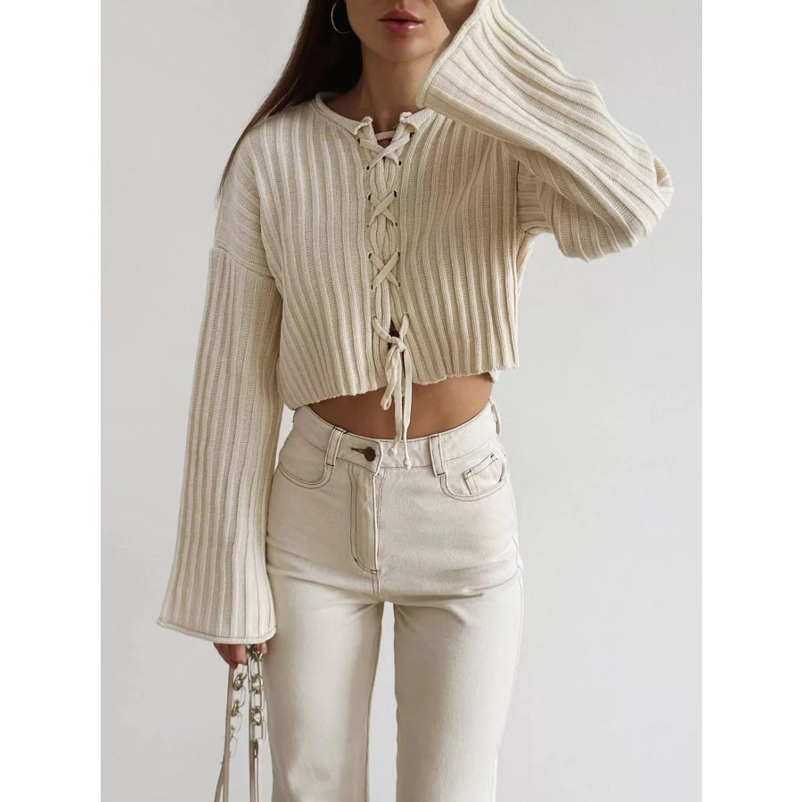 Ribbed Lace-Up Crop Sweater Apricot / S Apparel and Accessories