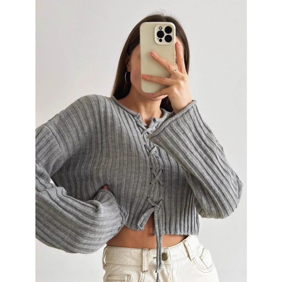 Ribbed Lace-Up Crop Sweater Gray / S Apparel and Accessories