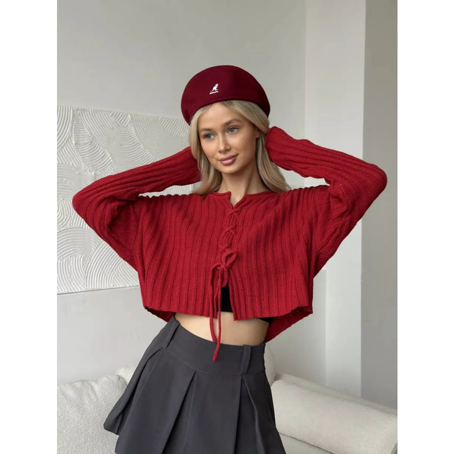Ribbed Lace-Up Crop Sweater Red / S Apparel and Accessories