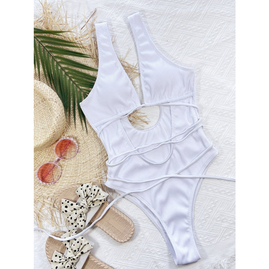 Ribbed Lace Up One-Piece Swimsuit White / S Apparel and Accessories