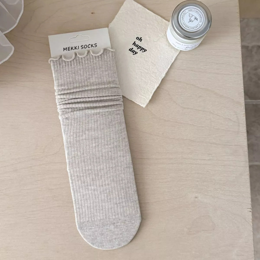 Ribbed Lettuce-Edge Casual Socks Khaki / One Size Apparel and Accessories