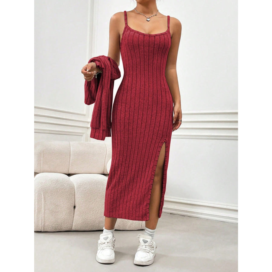 Ribbed Long Sleeve Cropped Cardigan and Slit Cami Dress Set Apparel and Accessories